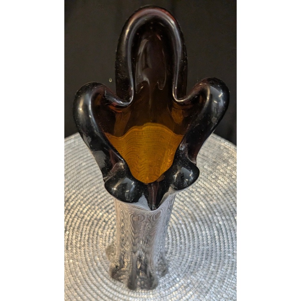 Vtg. 1960s MCM Amber Art Glass Stretch Swung Vase, 12"- 8 pt scalloped Base - Picture 4 of 4